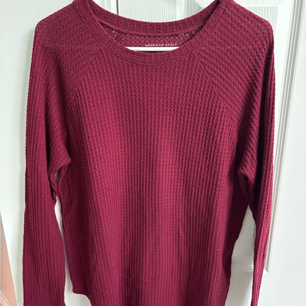 American Eagle Burgundy Waffle Knit Long Sleeve Tee